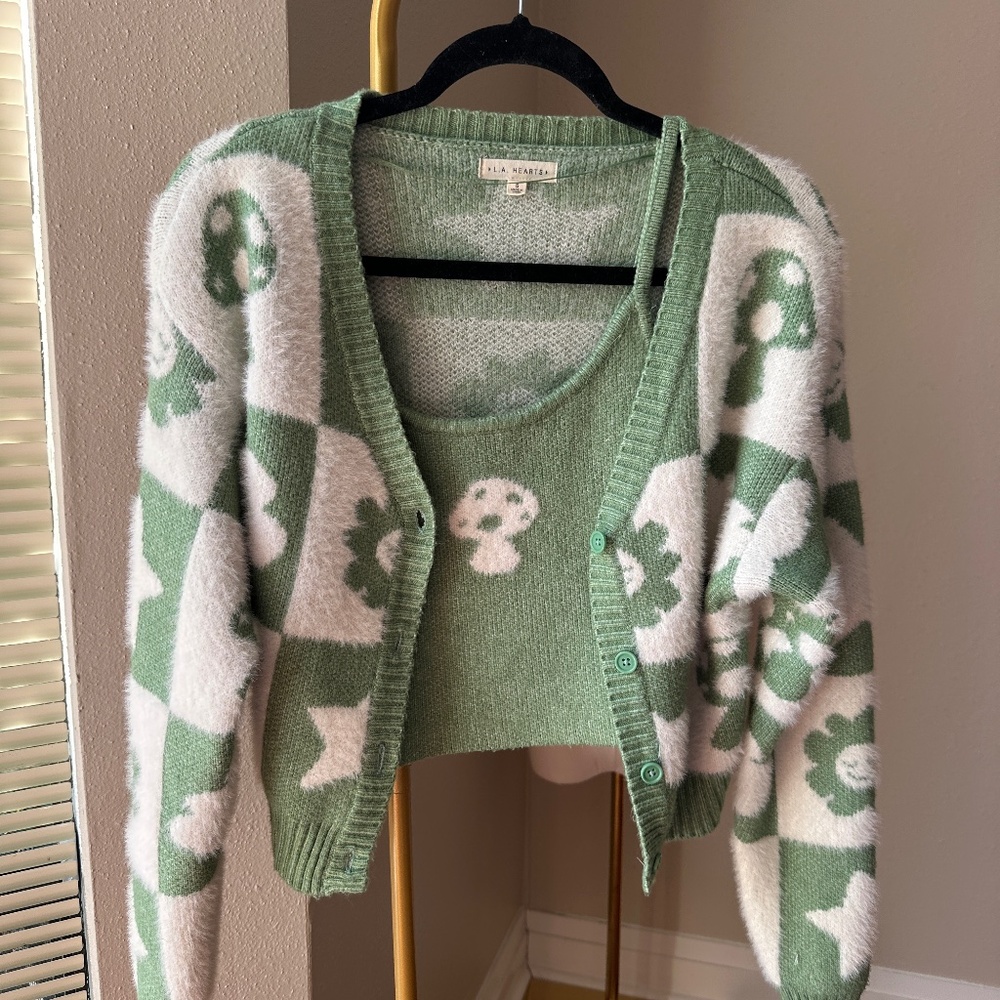 LA Hearts Mushroom Tank Top & Cardigan Set